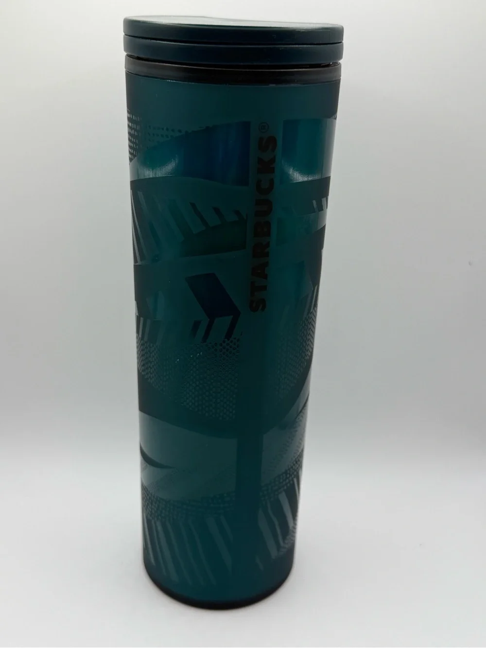 Starbucks Teal Blue Green Geometric Travel Tumbler Mug Black Lid 16 oz